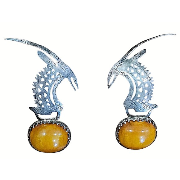 Butterscotch Amber Vintage Earrings 925 Sterling Silver Antelope Ibex Animal - Picture 6 of 6